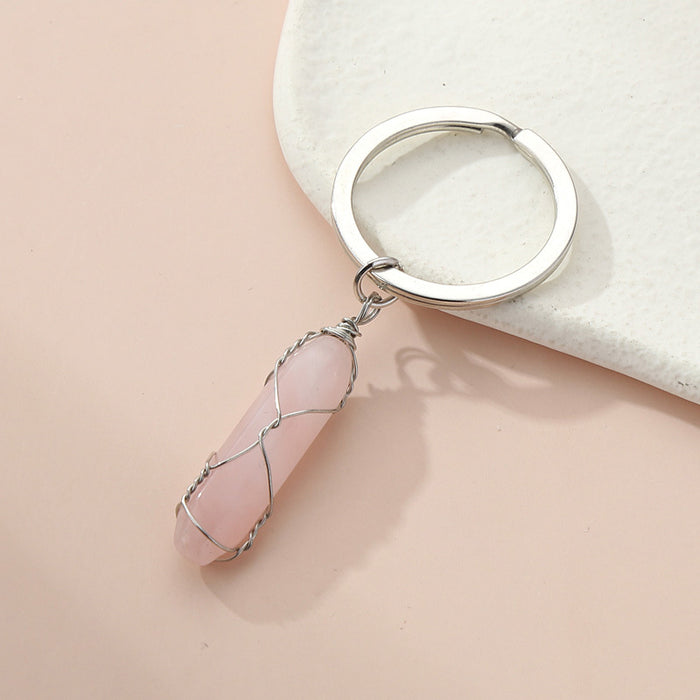 Wholesale10PCS/PACK Natural Crystal Stone Hexagon Pillar Binding Wire Crystal Keychain JDC-KC-XiangH007