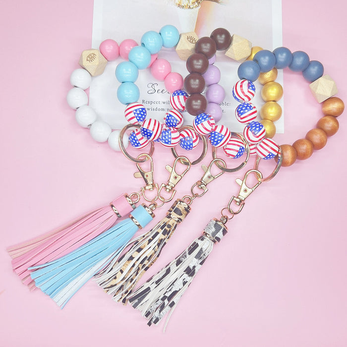 Wholesale 4th of July Independence Day Printed American Flag Pattern Bracelet Keychain PU Tassel JDC-KC-RRui004