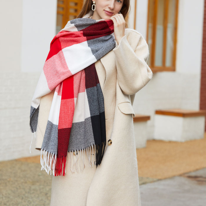 Wholesale Scarf Polyester Colorblock Plaid Tassel Extended Warmth MOQ≥2 JDC-SF-Jinghan004