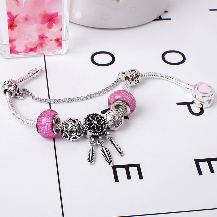 Wholesale Pink Glazed Alloy Zircon Dreamcatcher Bracelet JDC-BT-YouD004