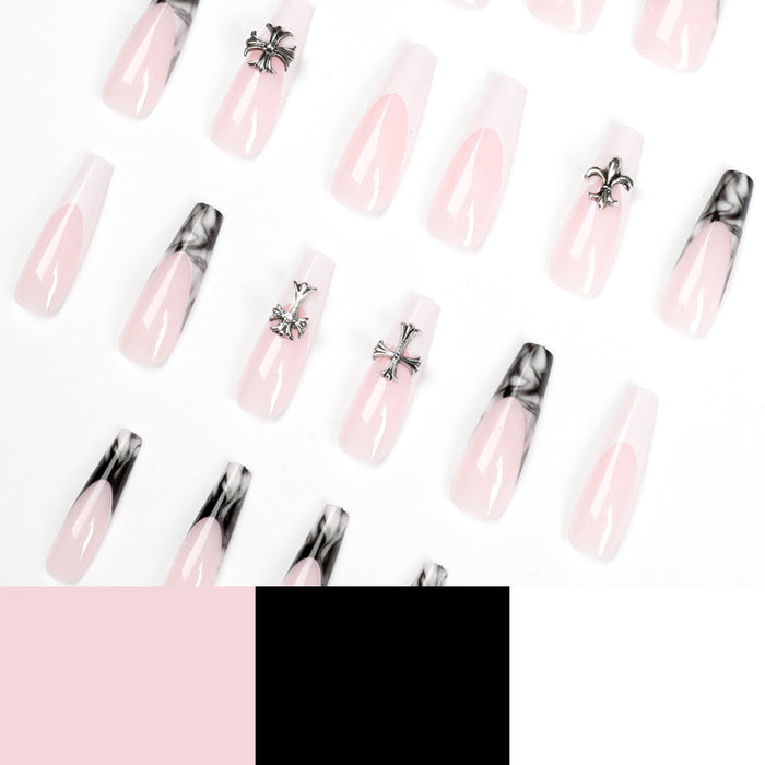 Wholesale black and white smudge cross long ballet nails fake nails JDC-NS-LFan015