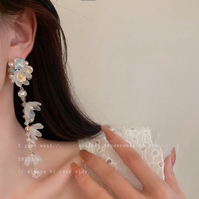 Wholesale Silver Needle Pearl Diamond Flower Crystal Tassel Earrings JDC-ES-Fengm043