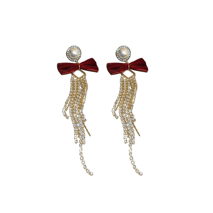 Wholesale Earrings Alloy Pearl Bow Knot Diamond Tassel Chain JDC-ES-BY334
