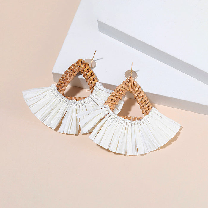 Wholesale rattan tassel earrings women's high-end fan-shaped  MOQ≥3 JDC-ES-XLH005
