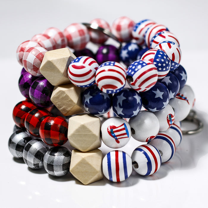 En gros 4 juillet Jour de l'indépendance Bracelet de perle en bois Anneau de clés du drapeau américain MOQ ≥2 JDC-KC-BYY002