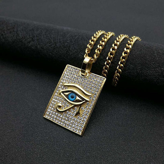 Wholesale Hip Hop Titanium Steel Gold Plated Rhinestone Eye of Horus Pendant Necklace JDC-NE-PREMFY011