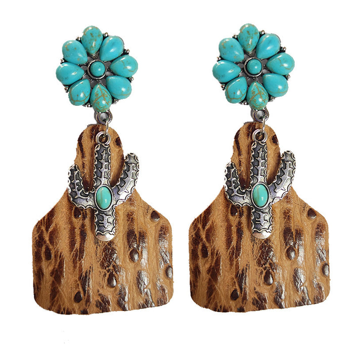 Wholesale Earrings Cortex Vintage Embossed Cactus Turquoise 2 Pairs JDC-ES-HeYi083