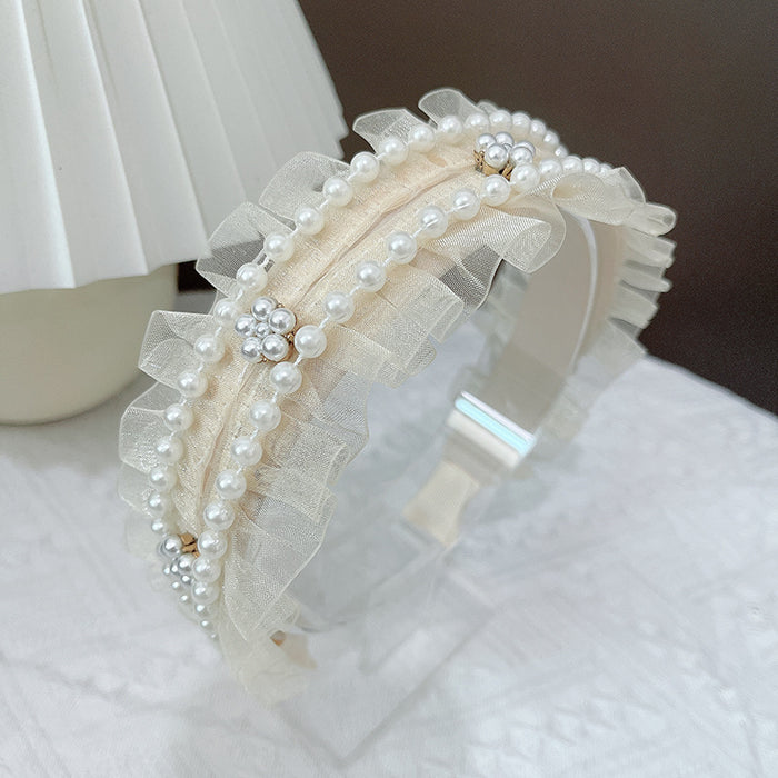 Wholesale Small Fragrance Lace Pearl Hair Hoop Mesh pleated non-slip JDC-HD-LeiY002