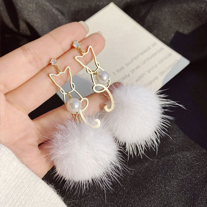 Wholesale Earrings Alloy Cat Pearl Hair Ball MOQ≥2 JDC-ES-YiCe001