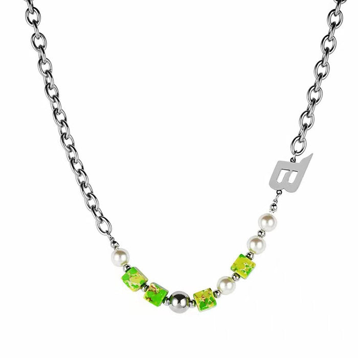 Wholesale Necklace Titanium Steel Green Beaded Pearl Stitching Letter Necklace Bracelet JDC-NE-GM001