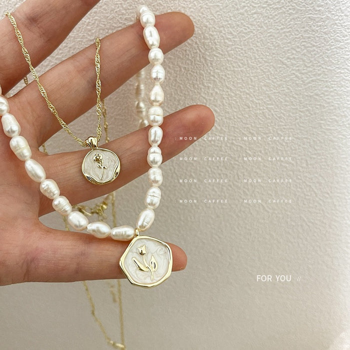 Wholesale Necklace Pearl White Enamel Vintage Rose Gold Coin MOQ≥2 JDC-NE-JiaJ005