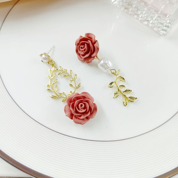 Wholesale S925 Silver Needle Asymmetric Pearl Rose Flower Earrings JDC-ES-HZQ010