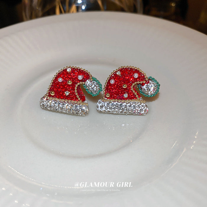 Wholesale Earrings Alloy Christmas Pearl Diamond Christmas Hat JDC-ES-BY330