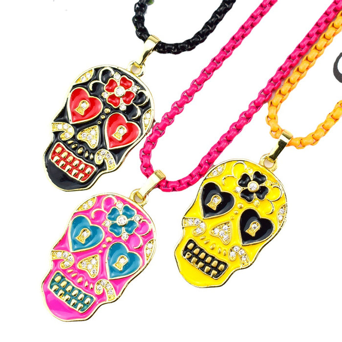 Wholesale drip oil plated gold inlaid zircon color personality skull pendant JDC-NE-ALD001