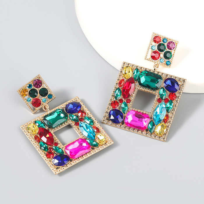 Wholesale Colored Diamond Series Multilayer Square Earrings Alloy and Glass Drills JDC-ES-JL1071