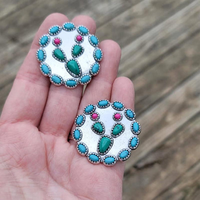 Wholesale Earrings Alloy Vintage Western Style Disc Turquoise Lace JDC-ES-Saip096