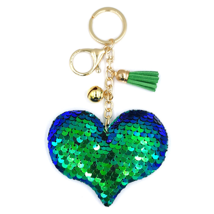 Wholesale Keychains Sequin Metal Buckle Reflective Shiny Peach Heart Bell Fringe 3pcs JDC-KC-QiShi040