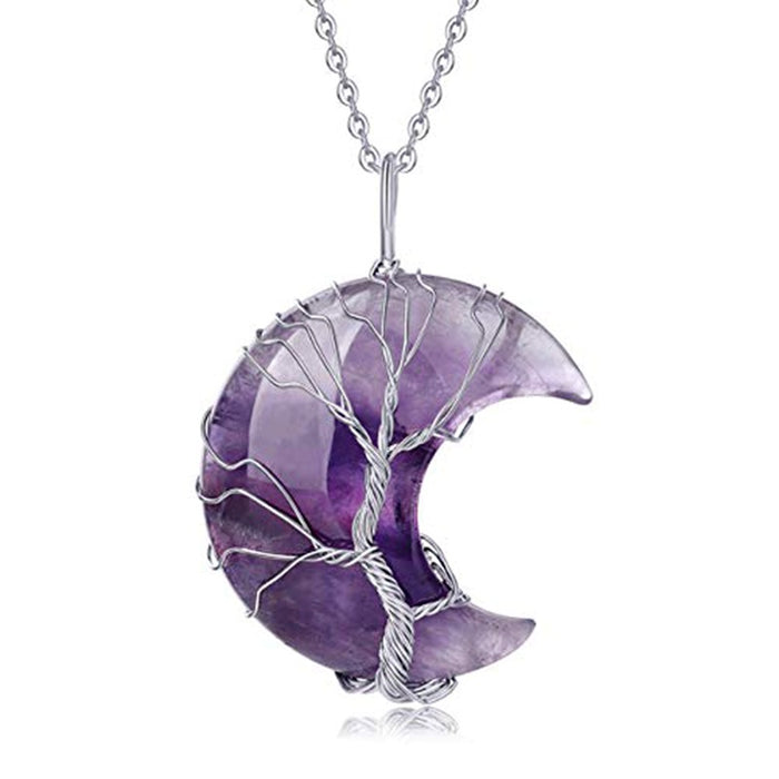 Wholesale Necklace Copper Wire Natural Stone Amethyst Moon Tree of Life MOQ≥2 JDC-NE-Xinyue005