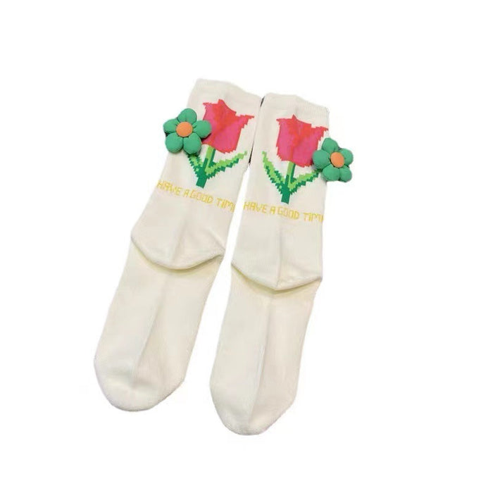 Wholesale socks 3D metal three-dimensional flower tulip mid-tube ins tide outer wear pure cotton JDC-SK-HuiLi007