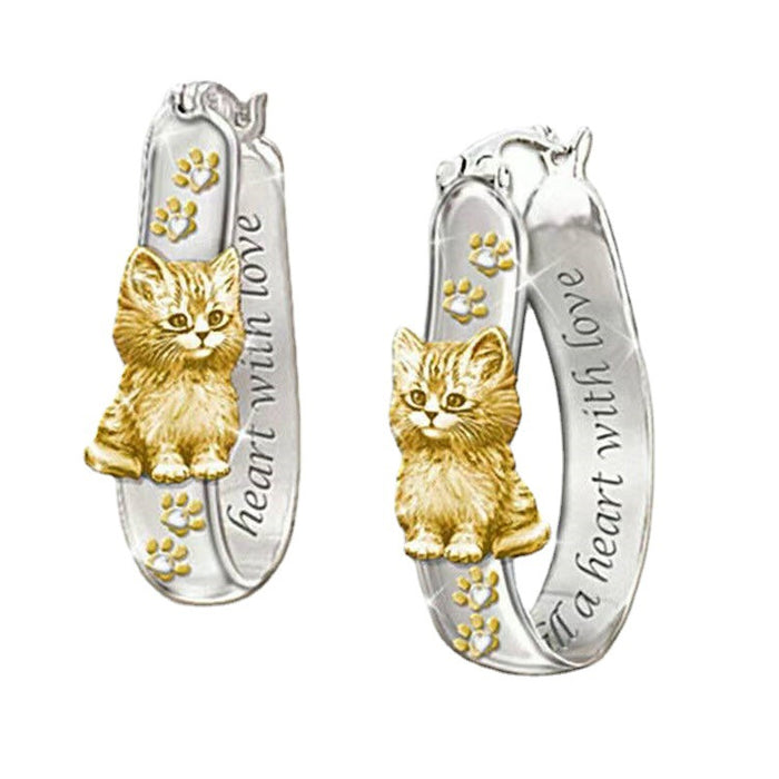 Wholesale cute golden cat silver earrings JDC-ES-Chenrui019