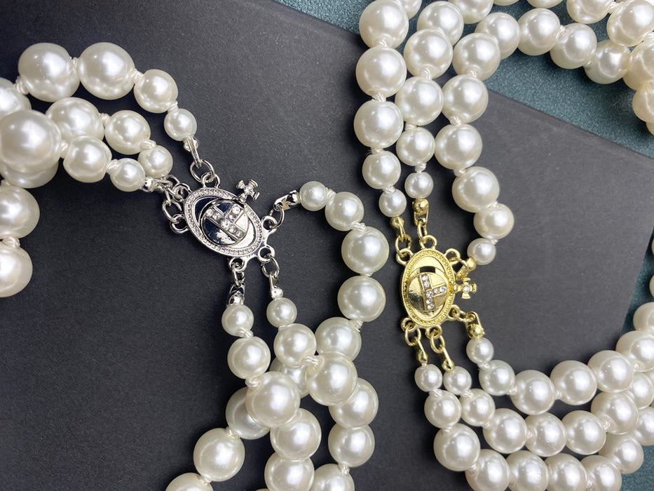 Wholesale Necklaces Alloy Imitation Pearl Three Layers Saturn (F) MOQ≥2 JDC-NE-JieX001