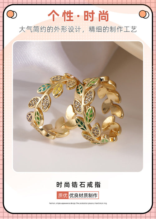 Wholesale Rings Copper Zircon Colored Leaves MOQ≥5 JDC-RS-HaoQ001