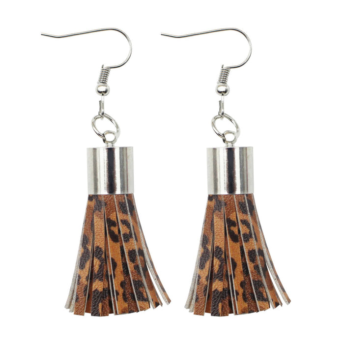 Wholesale Earrings Leopard Pattern Spotted Leather Tassel PU Earrings Cap Head Style MOQ≥2 JDC-ES-Tianpi010