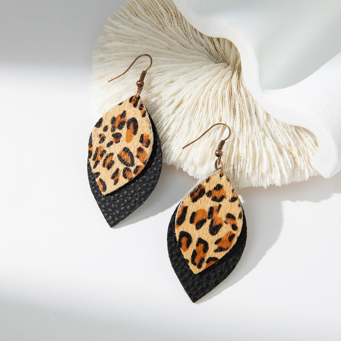 Wholesale Earrings Leather Leopard Print Black Lychee Double Layer MOQ≥2 JDC-ES-TianPi023
