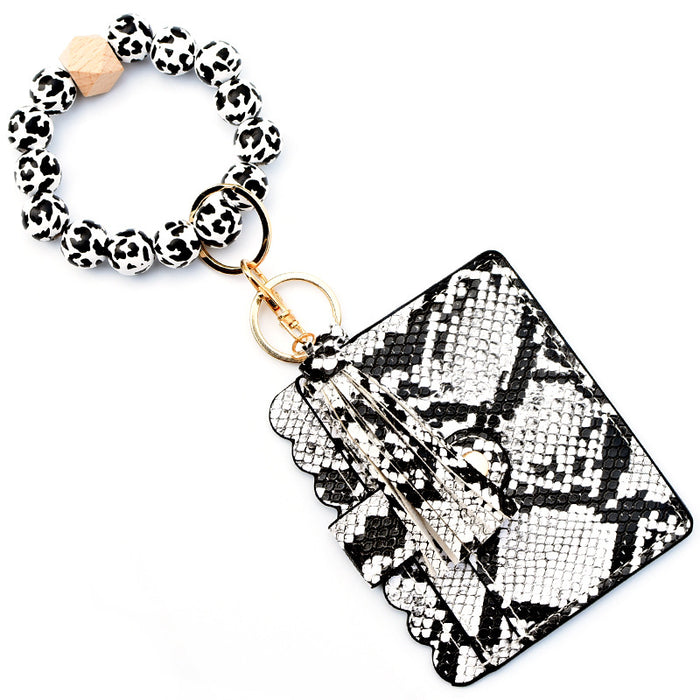 Wholesale Keychains Wooden Beads PU Leather Alloy Leopard Coin Purse Bag JDC-KC-MaoL002