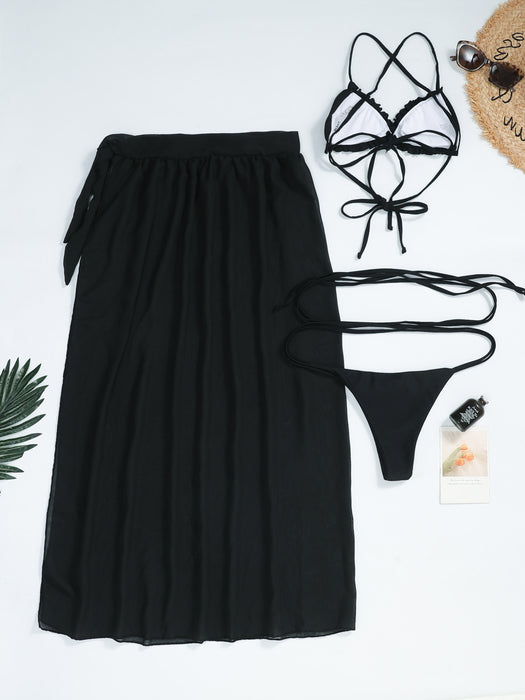 Wholesale Solid Color Bikini Chiffon Cover Skirt Lace Up Swimsuit Three Piece Set JDC-SW-Piaoxu015