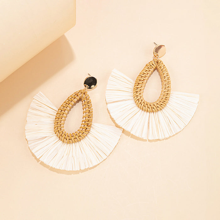 Wholesale rattan tassel earrings women's high-end fan-shaped  MOQ≥3 JDC-ES-XLH005