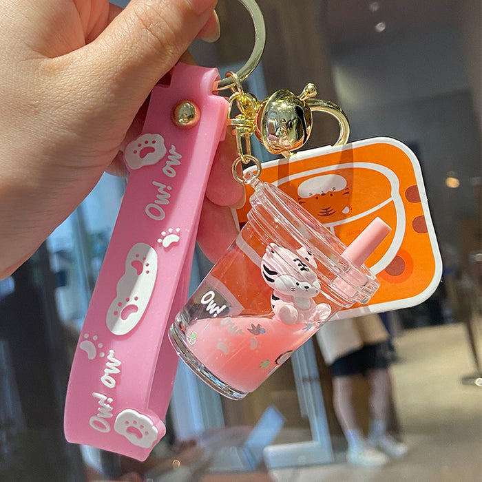 Wholesale Keychains For Backpacks soft cute tiger into oil floating milk tea cup keychain pendant MOQ≥2 JDC-KC-QFX001