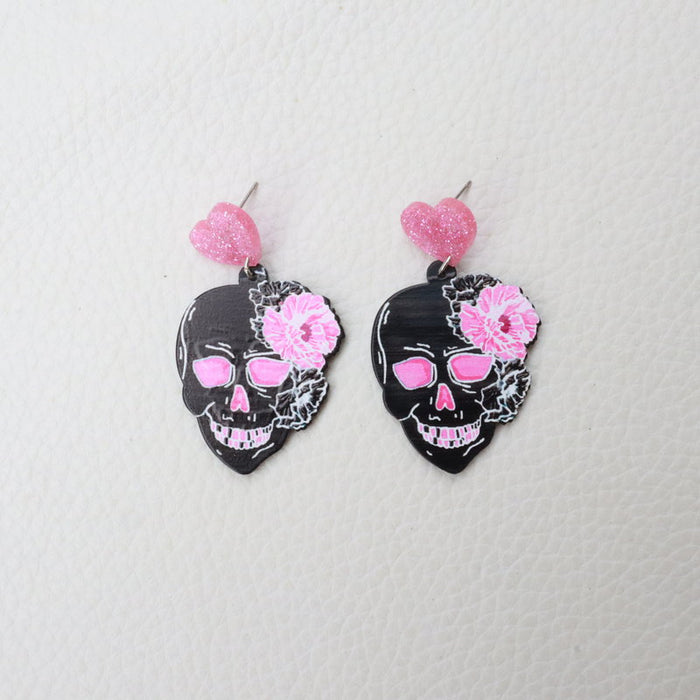 Wholesale acrylic pink skull earrings carved graffiti heart MOQ≥2 JDC-ES-MOSHU009