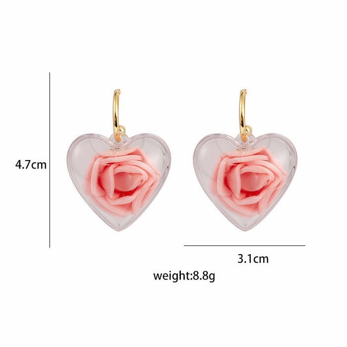 Wholesale Silver Needle Transparent Heart Inlaid Rose Earrings JDC-ES-Mdd020