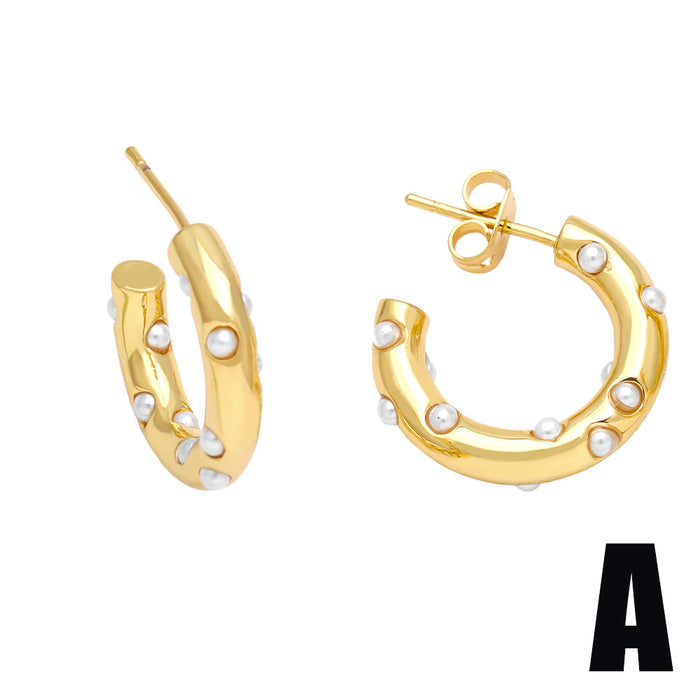 Wholesale Geometric C Shape Pearl Stud Earrings Copper JDC-ES-AS104