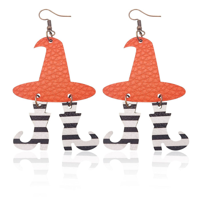 Wholesale Halloween Leather Earrings Fine Powder Frosted Onion Powder Hat Boots PU Stitching  MOQ≥2 JDC-ES-Tianpi011