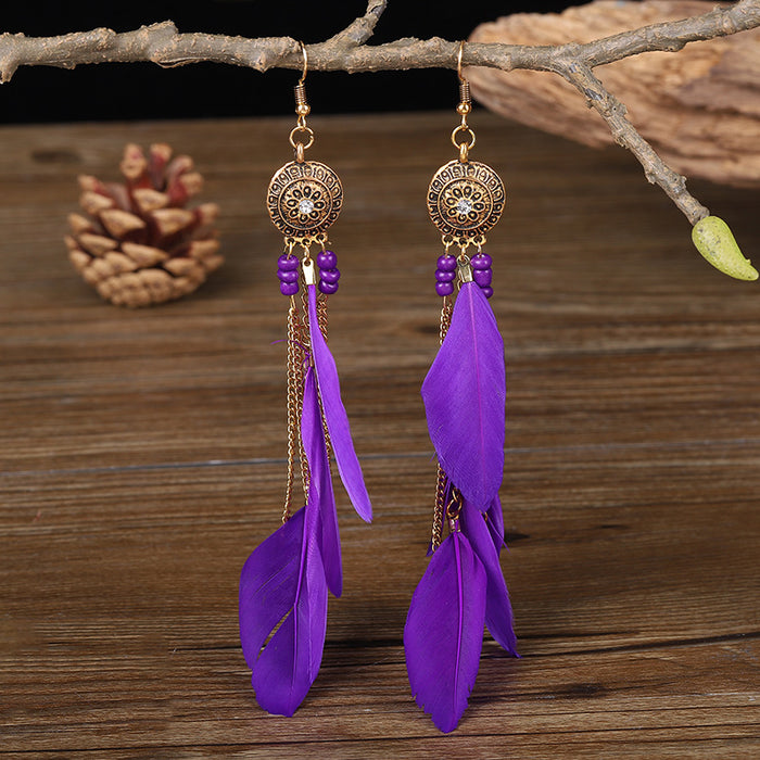 Wholesale Earrings Alloy Vintage Colorful Chain Tassel Bohemian Feather JDC-ES-YYDX001