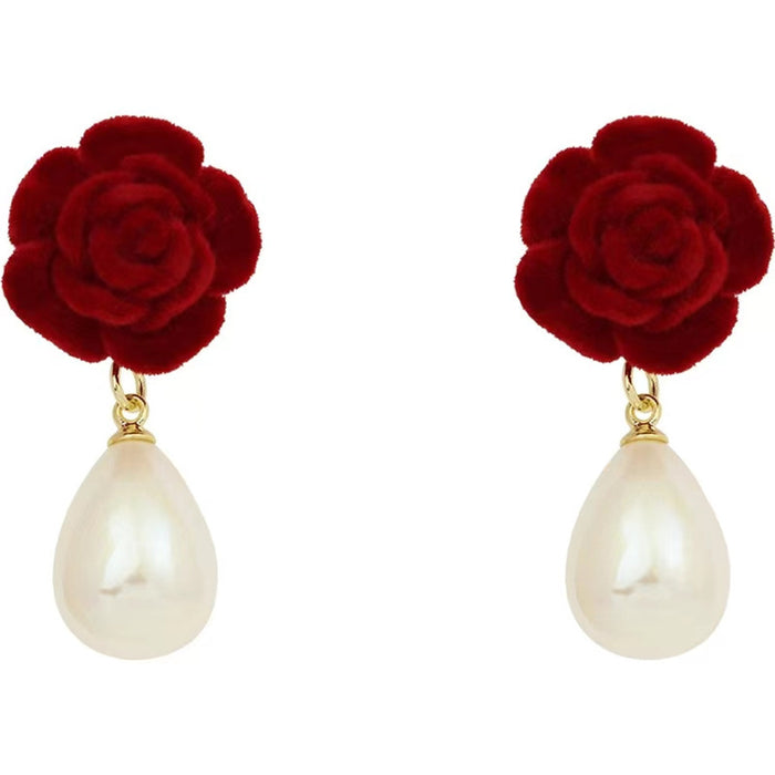 Wholesale Earrings Pearl Vintage Wine Red Flocking Rose Flowers JDC-ES-ABL008