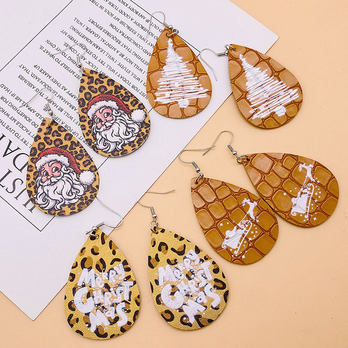 Wholesale Earrings Leather Christmas Tree Leopard Snowflake Double Sided Print MOQ≥2 JDC-ES-PuCi005