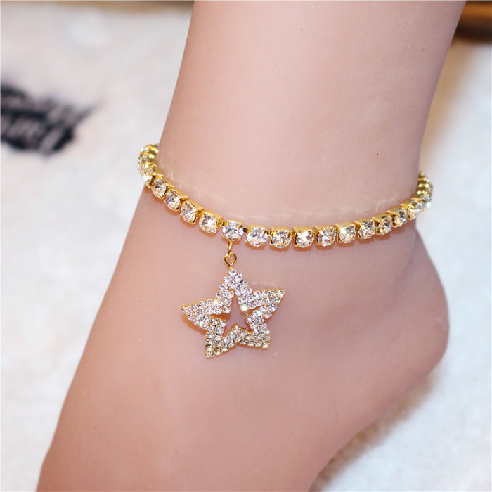 Wholesale Crystal Pentagram Silver Plated Gold Plated Full Diamond Anklet JDC-AS-JiaZ001