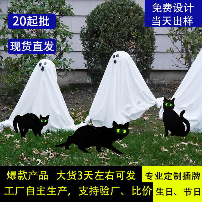 Wholesale Halloween Simulation Black Cat Decoration Garden Props Card PP Hollow Board MOQ≥50 JDC-HW-HeM001