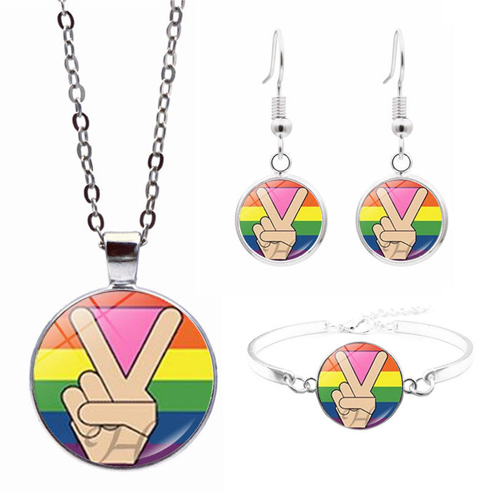 Wholesale LGBT Rainbow Flag Pride Day Necklace Bracelet Stud Earrings Set JDC-NE-JiaYun006