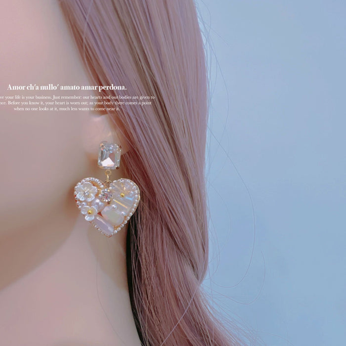Wholesale Shell Flower Pearl Crystal Silver Needle Heart Alloy Earrings JDC-ES-Qiant011