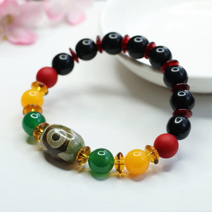 Wholesale Three Eyed Dzi Beads Black Agate Chrysoprase Bracelet Jewelry JDC-BT-JuanY003