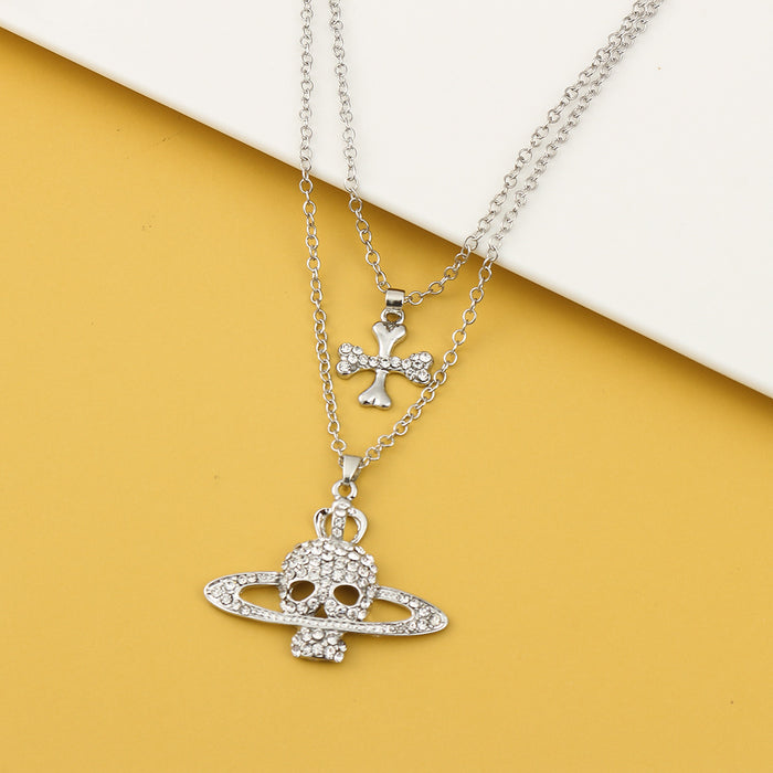 Wholesale Cross Skull Saturn Necklace Creative Personality Punk Style Halloween Necklace JDC-NE-FanD001