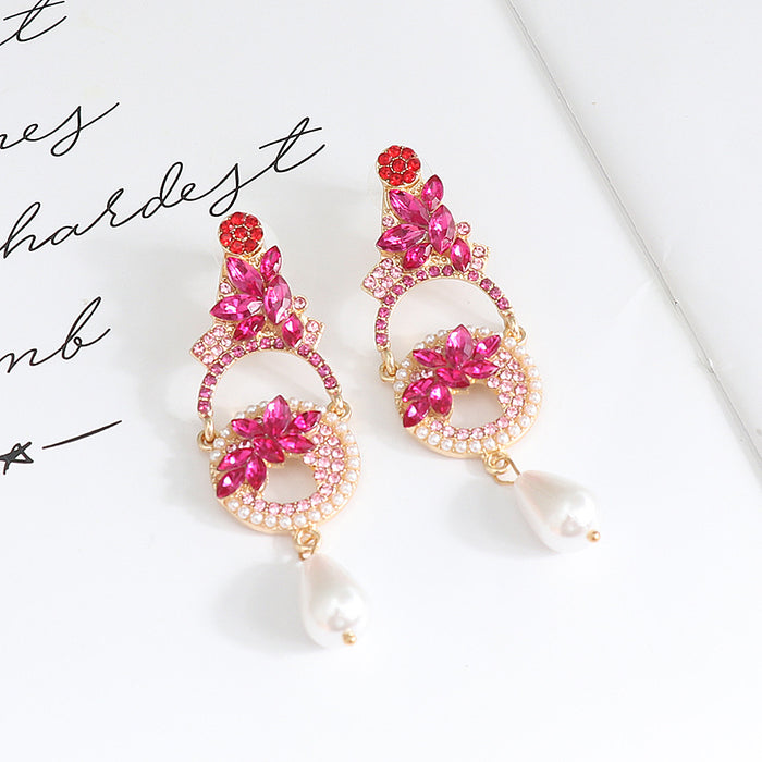 Wholesale Earrings Alloy Pink Diamond Floral Pearls JDC-ES-JJ364