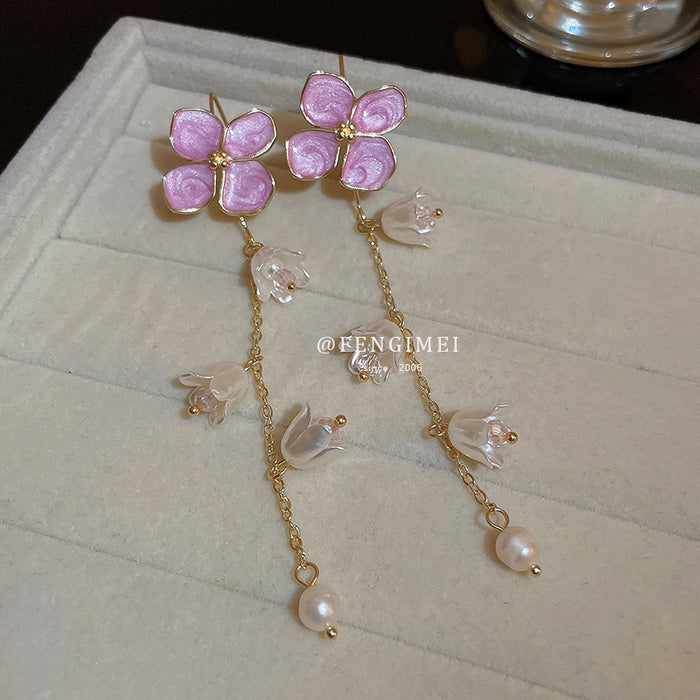 Wholesale crystal purple lily of the valley pearl tassel earrings JDC-ES-Fengm052