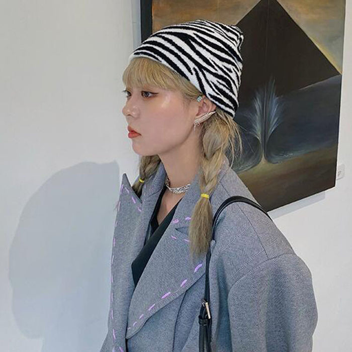 Wholesale Hat Knitted Black and White Zebra Leopard Checkerboard Cold Hat MOQ≥2 JDC-FH-zhiE001