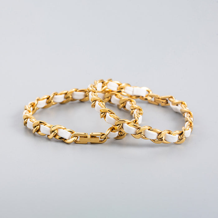 Wholesale Bracelet Titanium Steel White Leather Braided Gold Cuban Chain MOQ≥2 JDC-BT-XinYuan003