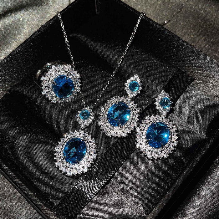 Wholesale Luxury Colored Jewelry Set Inlaid Sea Blue Topaz Ring Citrine Stud Earrings Pink Diamond Necklace JDC-NE-ZhenR001